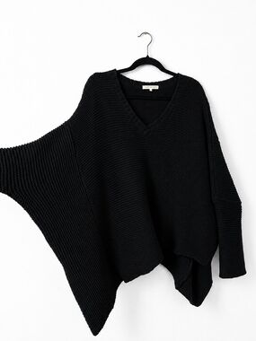 Joah Brown M/L Black Oversized Asymmetrical Knit Sweater Lagenlook Boho Casual